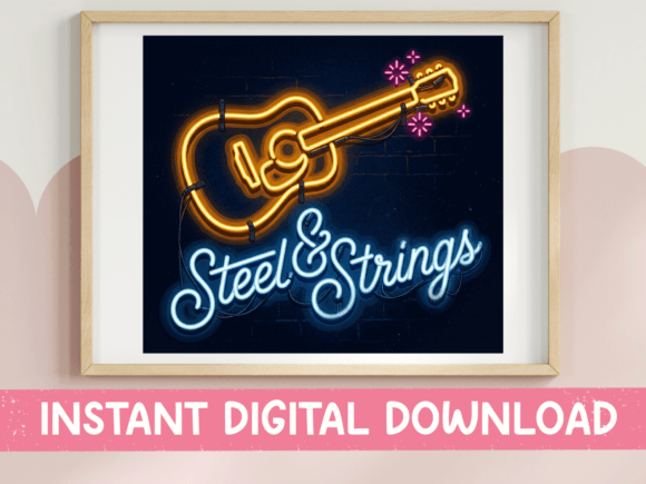 Download Steel and Strings Neon Guitar Design - Sign Collection