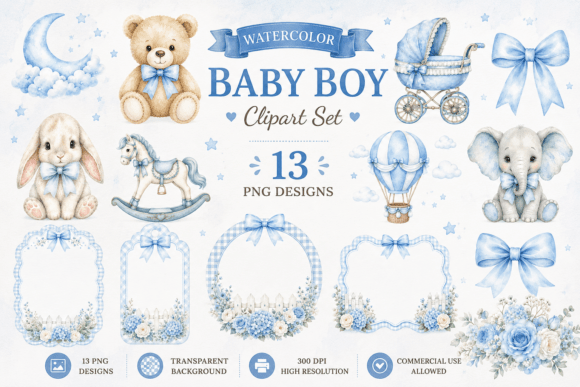 Download Blue Nursery Watercolor Baby Shower - Show Collection